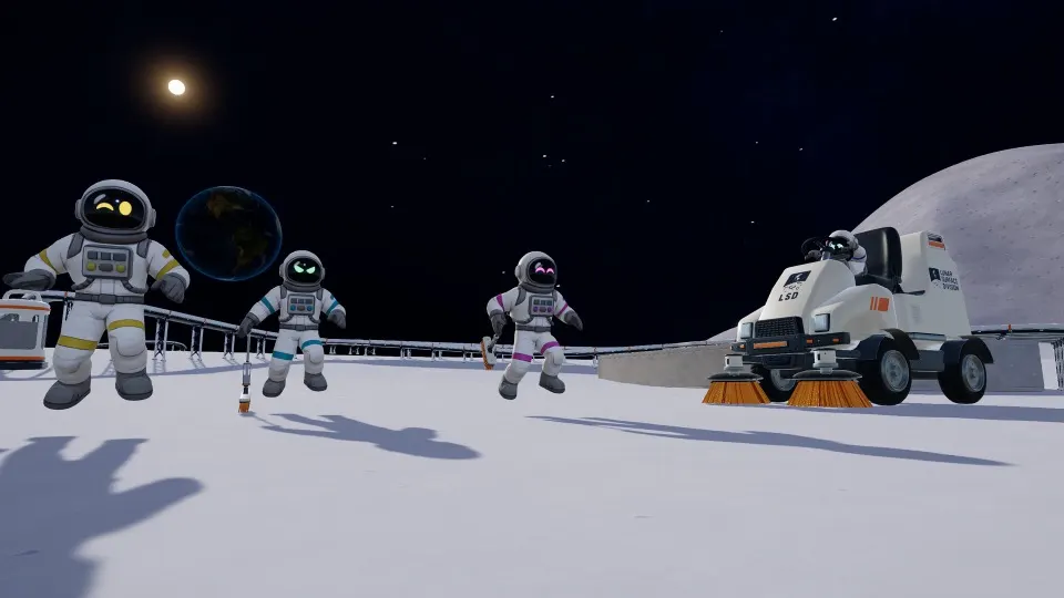 Three astronauts in different coloured suits next to a cleaning vehicle